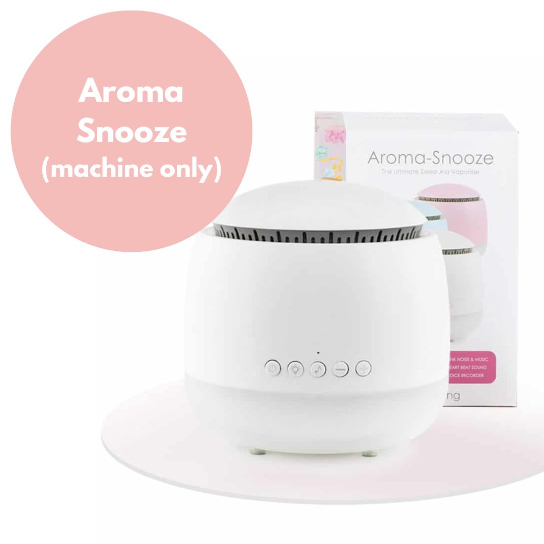 A white aroma diffuser and multi-function baby sleep aid device with control buttons.
