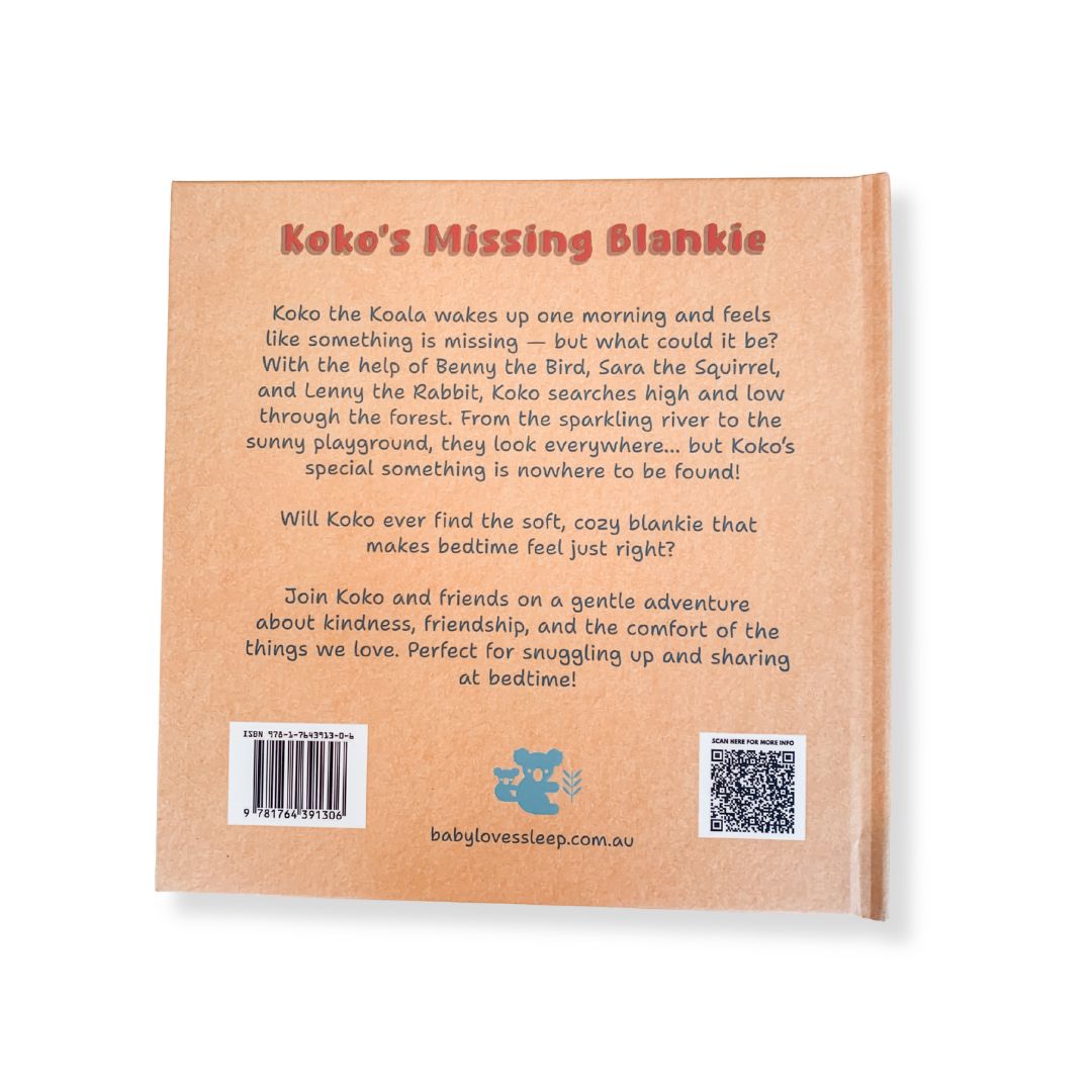 Back cover of a children's book titled 'Koko's Missing Blankie' with synopsis, barcode and QR code.