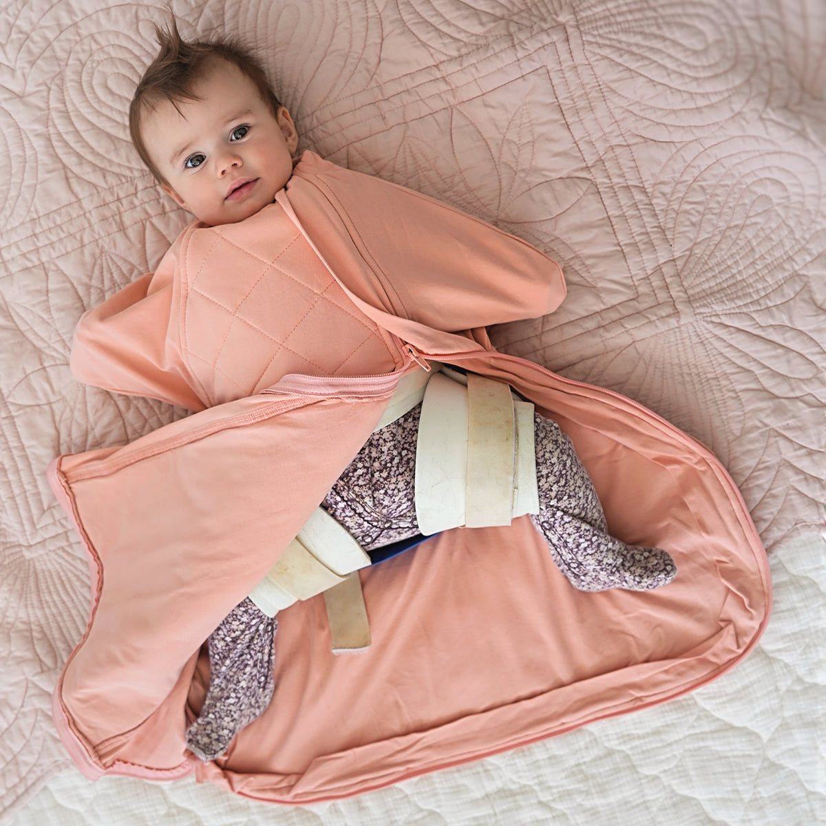 2.5TOG Winter sleep bag for babies wearing a hip harness by Baby Loves Sleep