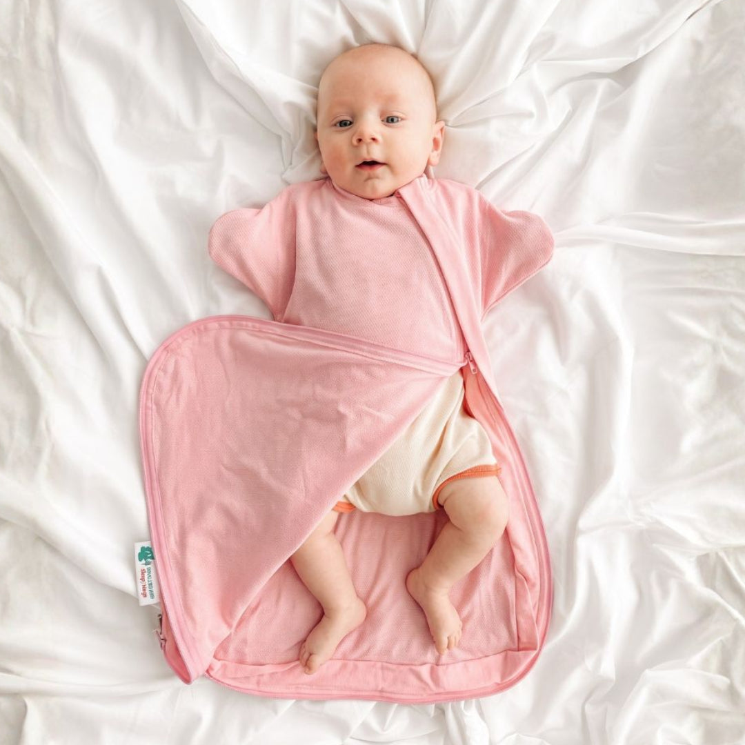 Summer baby sleep sack for swaddle transitioning, safe for rolling, colour candy pink