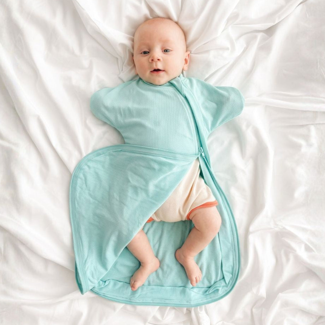 Summer baby transition sleep sack designed for rolling, colour cool mint.