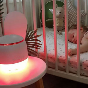 Aroma Snooze sleep aid is a humidifier, vaporiser, air purifier, red light therapy, plays white noise and pink noise, heartbeat sounds, rain sounds and lullabies plus has a voice recorder.