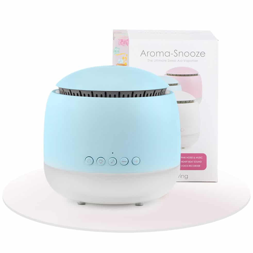 Aroma Snooze sleep aid is a humidifier, vaporiser, air purifier, red light therapy, plays white noise and pink noise, heartbeat sounds, rain sounds and lullabies plus has a voice recorder.