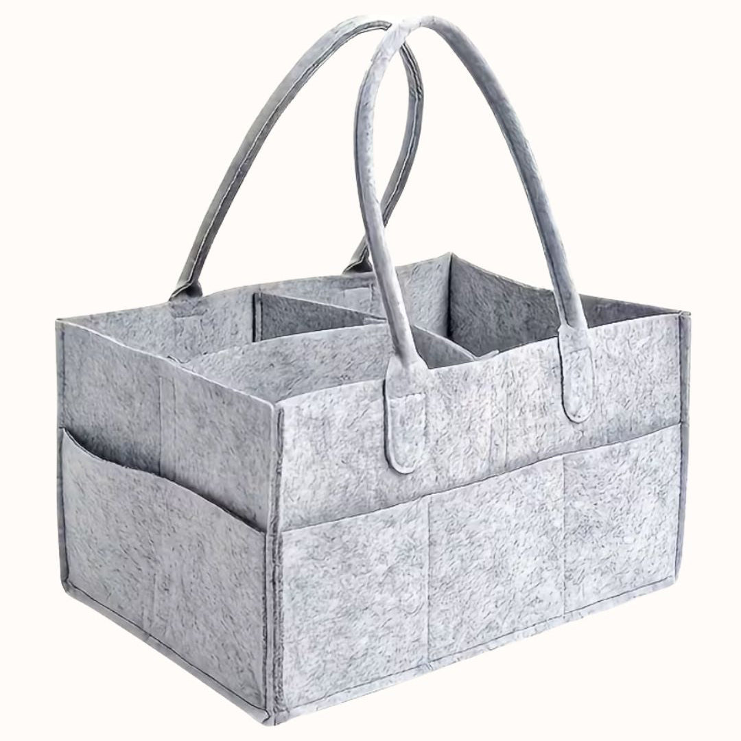 Light grey felt baby storage caddy with handles