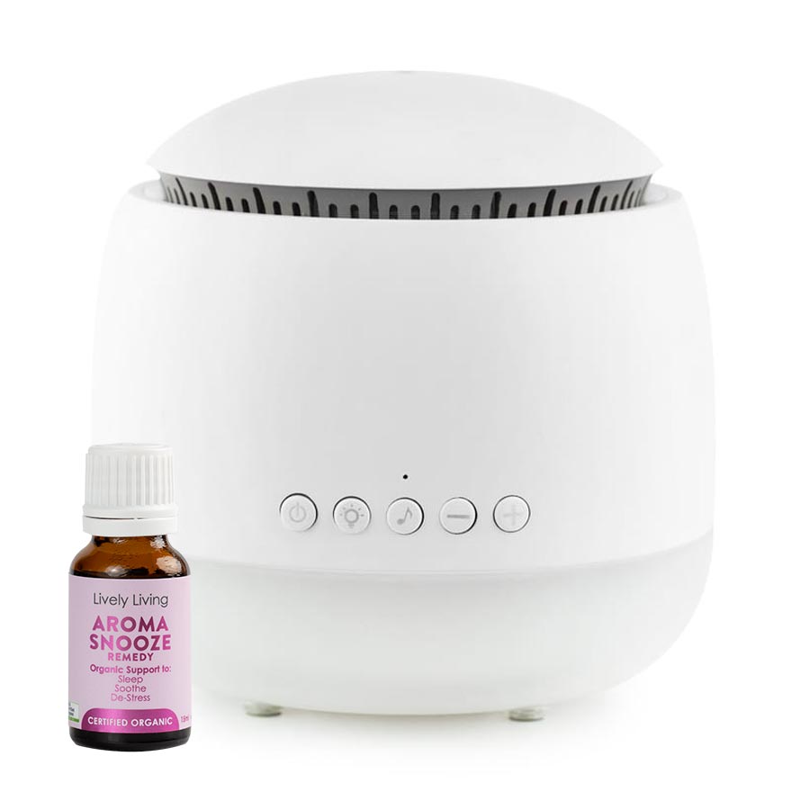 Aroma Snooze sleep aid is a humidifier, vaporiser, air purifier, red light therapy, plays white noise and pink noise, heartbeat sounds, rain sounds and lullabies plus has a voice recorder.