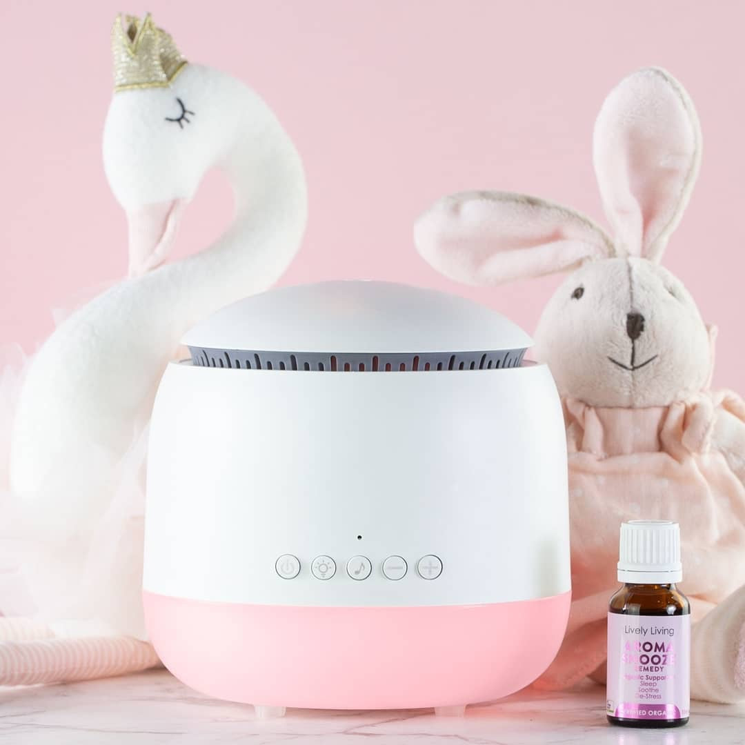 Aroma Snooze sleep aid is a humidifier, vaporiser, air purifier, red light therapy, plays white noise and pink noise, heartbeat sounds, rain sounds and lullabies plus has a voice recorder.