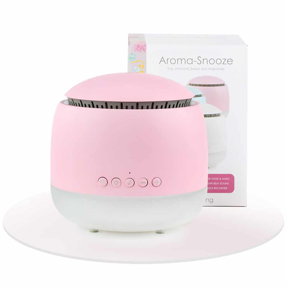 Aroma Snooze sleep aid is a humidifier, vaporiser, air purifier, red light therapy, plays white noise and pink noise, heartbeat sounds, rain sounds and lullabies plus has a voice recorder.